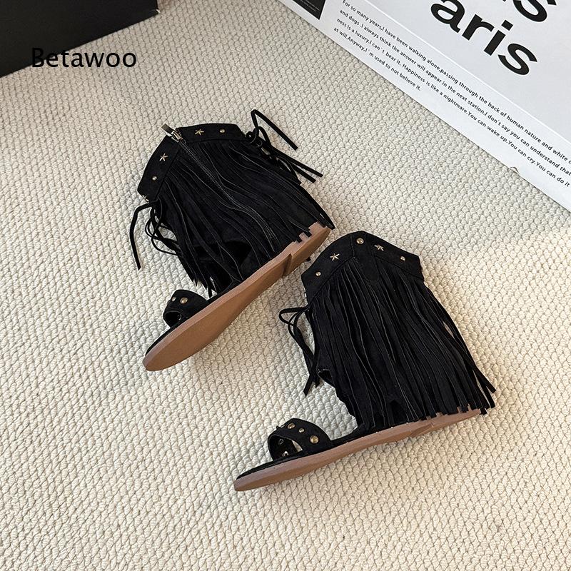 Star Flat Back - Sandal Gladiator Wanita Model Western Fringe