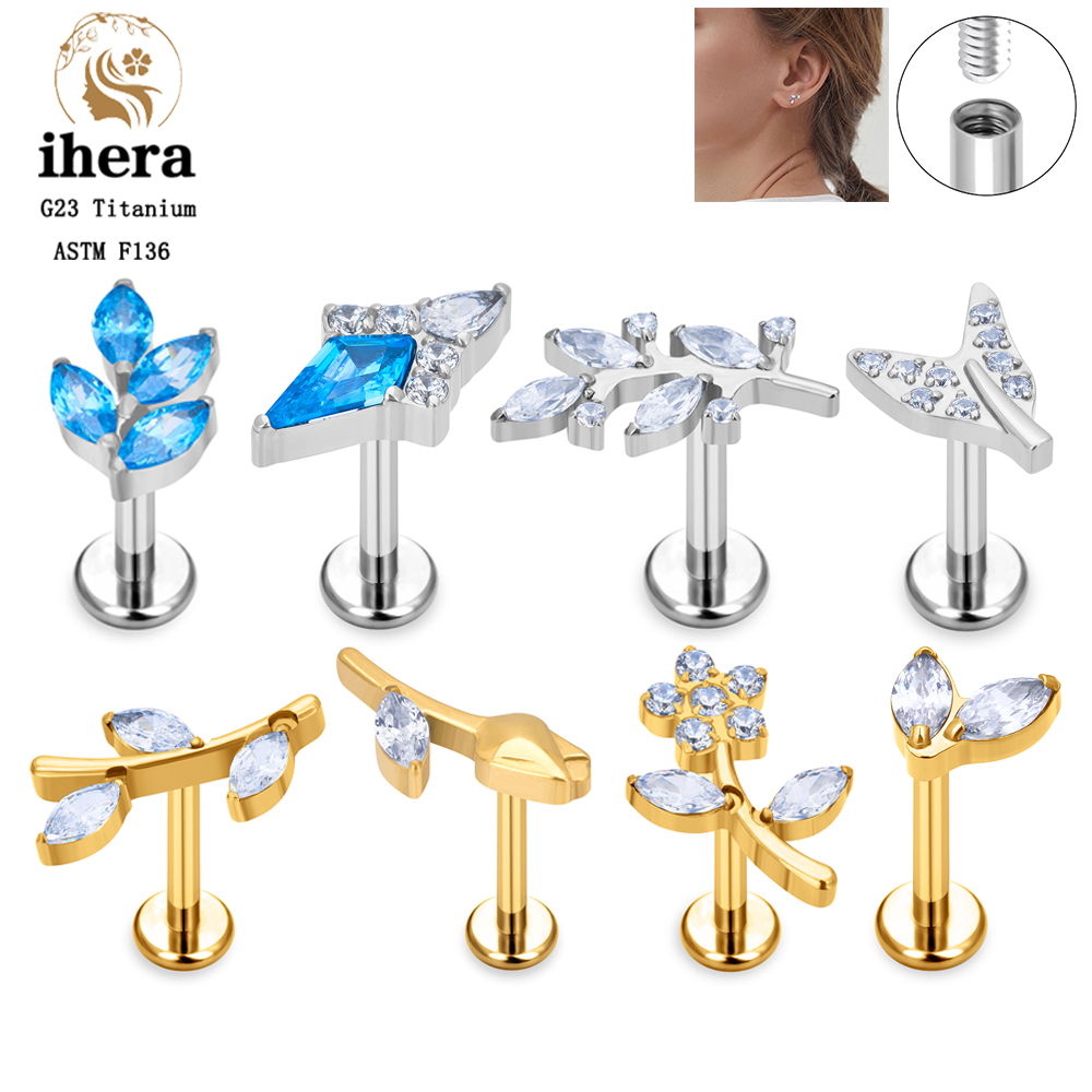 Body Jewelry Titanium - Anting-anting tusuk motif daun bunga, bertabur